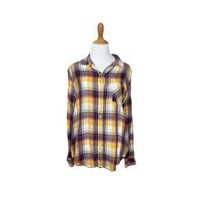 Lucky Brand Plaid Classic Lightweight Yellow  Button Front Long Sleeve Top Sz L